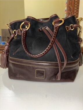 Dooney & Bourke Black Suede and Brown Leather Drawstring Satchel